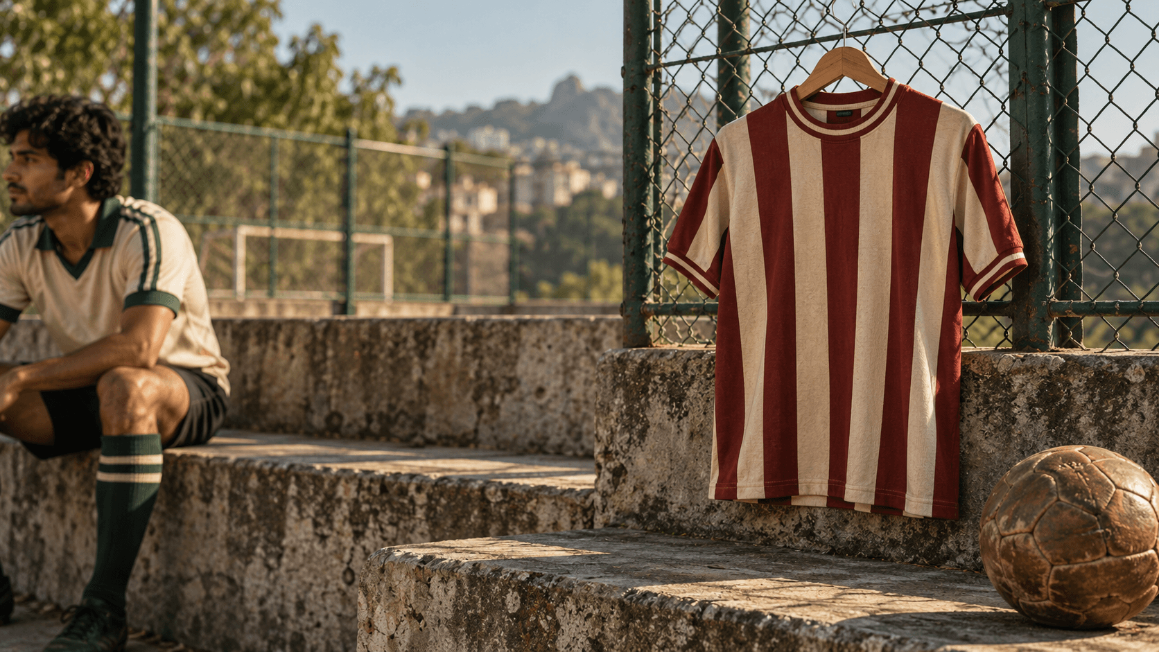 A retro jersey hanging beside a sunlit football pitch